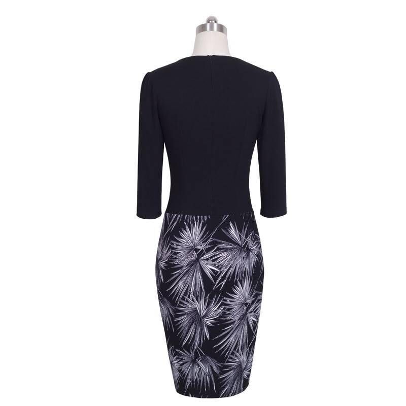 Nice-forever One-piece Faux Jacket Vintage Elegant Patterns Work dress Office Bodycon Female 3/4 Sleeve Sheath Women Dress b237 BEST BODYCON DRESSES color: Black and Flower|Blk and houndstooth|Light pink|Navy and white