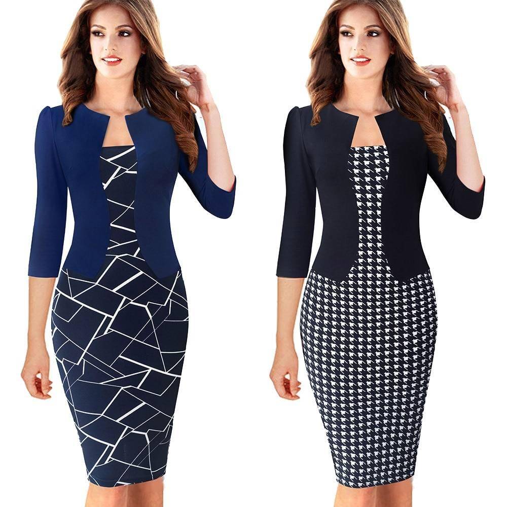 Nice-forever One-piece Faux Jacket Vintage Elegant Patterns Work dress Office Bodycon Female 3/4 Sleeve Sheath Women Dress b237 BEST BODYCON DRESSES color: Black and Flower|Blk and houndstooth|Light pink|Navy and white