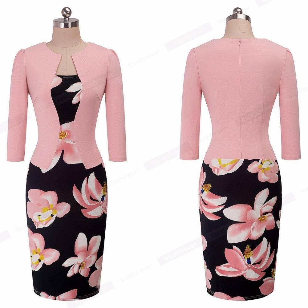 Nice-forever One-piece Faux Jacket Vintage Elegant Patterns Work dress Office Bodycon Female 3/4 Sleeve Sheath Women Dress b237 BEST BODYCON DRESSES color: Black and Flower|Blk and houndstooth|Light pink|Navy and white