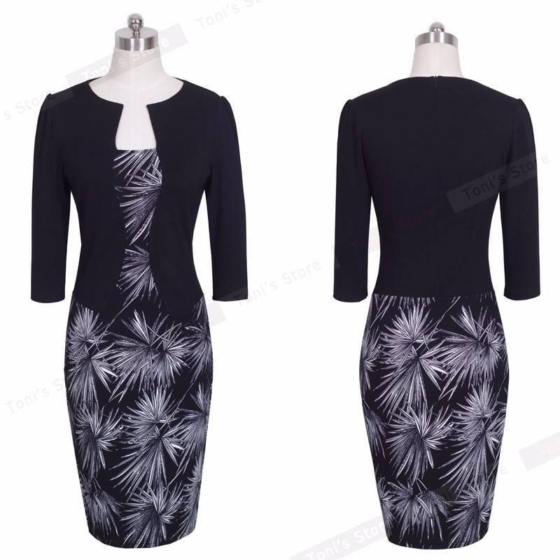 Nice-forever One-piece Faux Jacket Vintage Elegant Patterns Work dress Office Bodycon Female 3/4 Sleeve Sheath Women Dress b237 BEST BODYCON DRESSES color: Black and Flower|Blk and houndstooth|Light pink|Navy and white