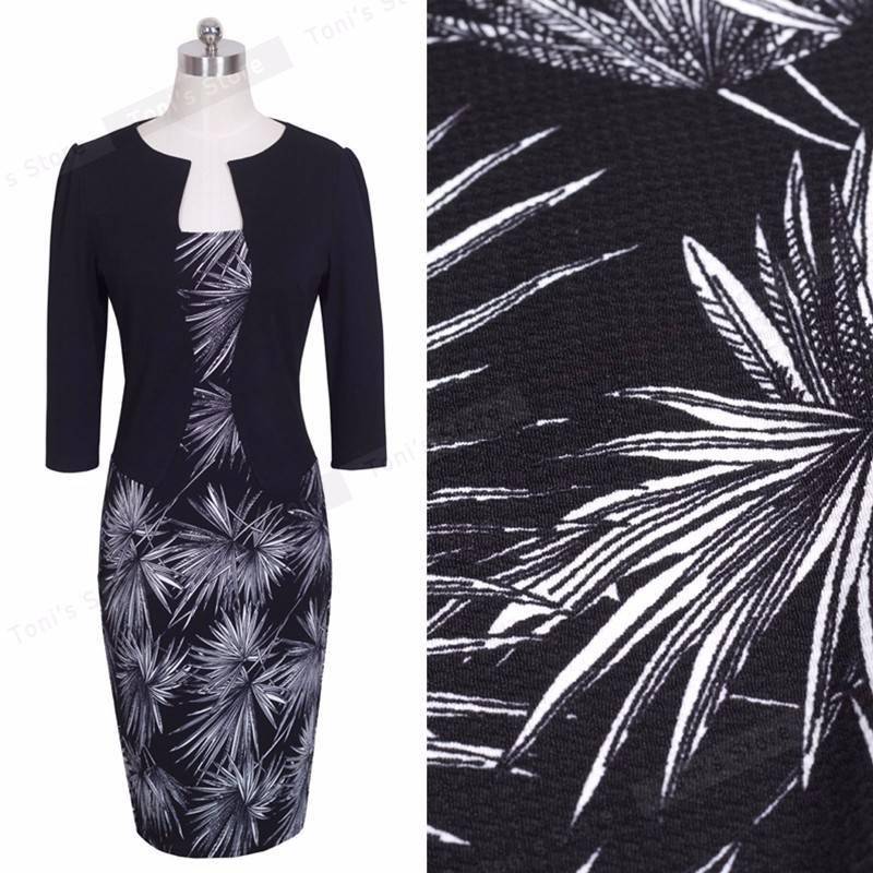 Nice-forever One-piece Faux Jacket Vintage Elegant Patterns Work dress Office Bodycon Female 3/4 Sleeve Sheath Women Dress b237 BEST BODYCON DRESSES color: Black and Flower|Blk and houndstooth|Light pink|Navy and white