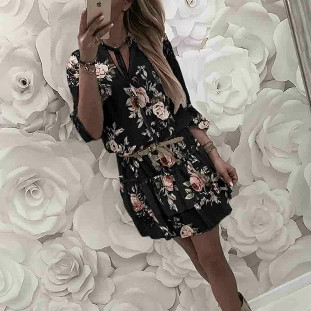 Vintage Women’s Wrap Summer V-Neck Boho Floral Print Dress Elegant Ladies Holiday Beach Mini Sundress Plus Size DAYTIME DRESSES color: Black|White