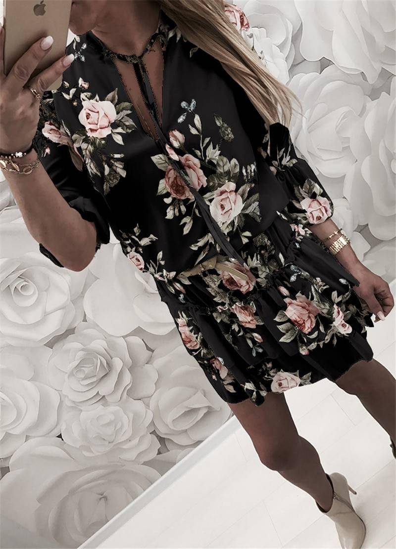 Vintage Women’s Wrap Summer V-Neck Boho Floral Print Dress Elegant Ladies Holiday Beach Mini Sundress Plus Size DAYTIME DRESSES color: Black|White