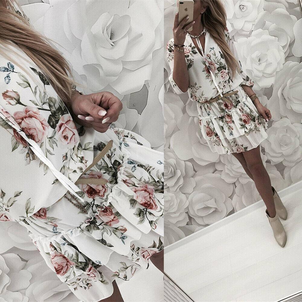 Vintage Women’s Wrap Summer V-Neck Boho Floral Print Dress Elegant Ladies Holiday Beach Mini Sundress Plus Size DAYTIME DRESSES color: Black|White