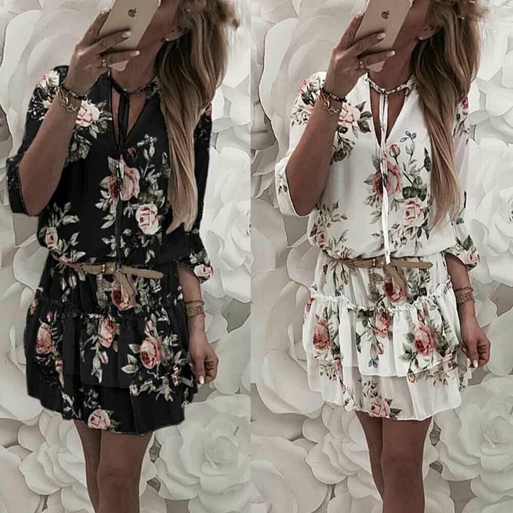 Vintage Women’s Wrap Summer V-Neck Boho Floral Print Dress Elegant Ladies Holiday Beach Mini Sundress Plus Size DAYTIME DRESSES color: Black|White