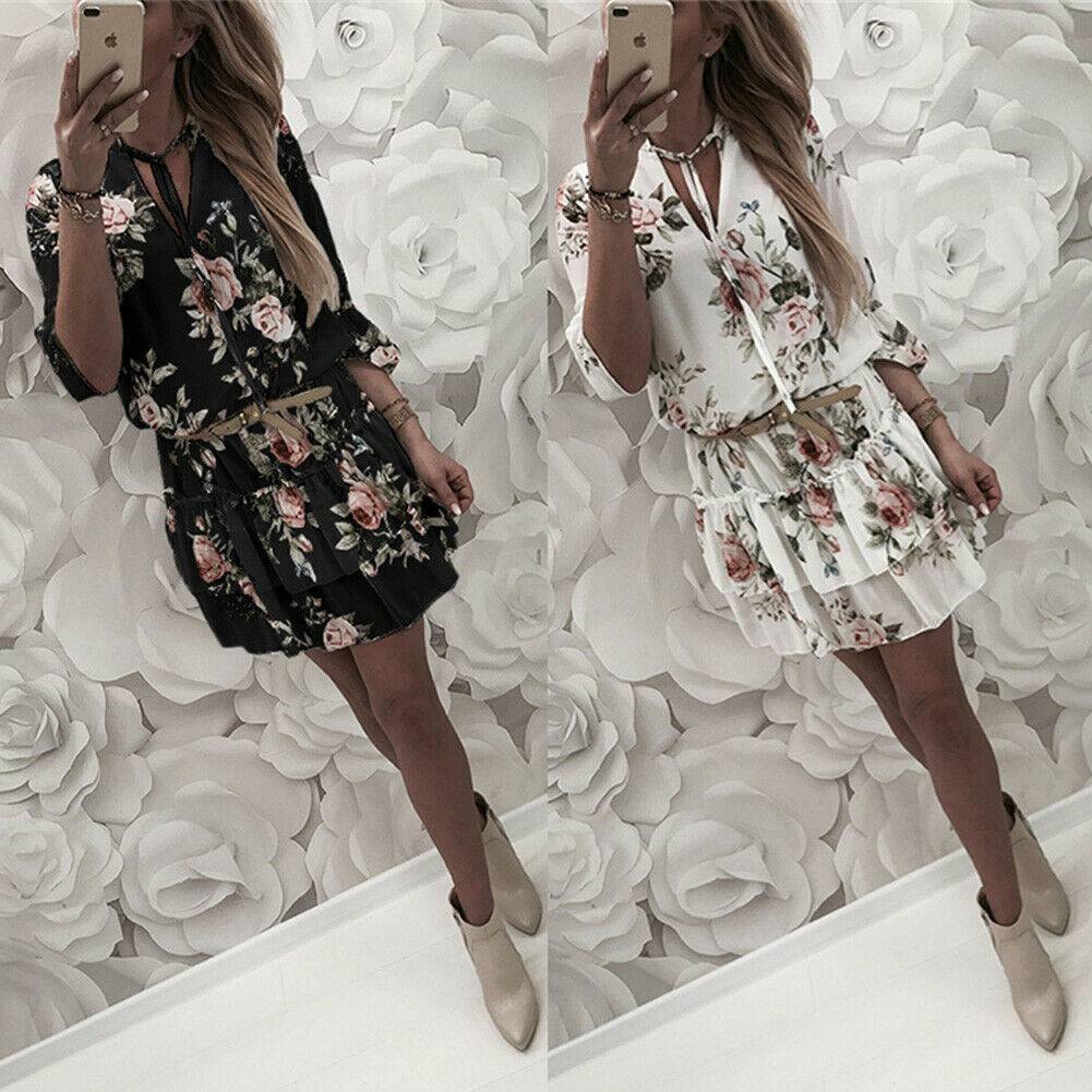 Vintage Women’s Wrap Summer V-Neck Boho Floral Print Dress Elegant Ladies Holiday Beach Mini Sundress Plus Size DAYTIME DRESSES color: Black|White