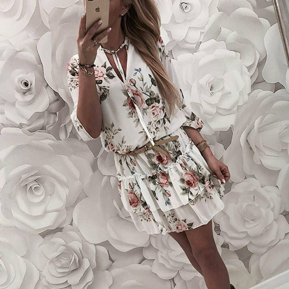 Vintage Women’s Wrap Summer V-Neck Boho Floral Print Dress Elegant Ladies Holiday Beach Mini Sundress Plus Size DAYTIME DRESSES color: Black|White